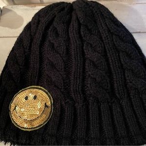 Black embellished cable knit double knitted beanie